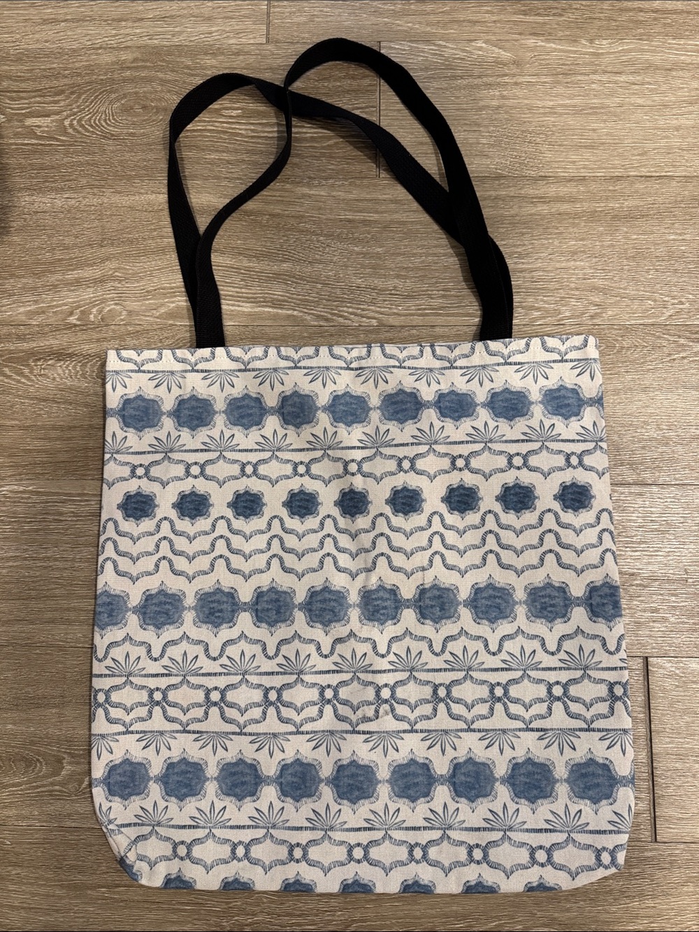 Canvas Tote Bag with Blue Floral Pattern and Black Straps